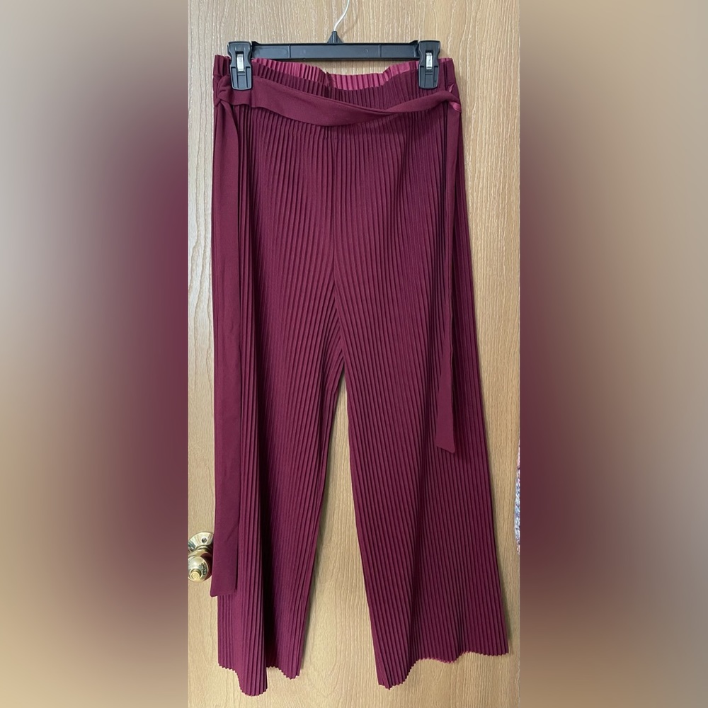 Burgundy Pleated High Rise Paper Bag Pants